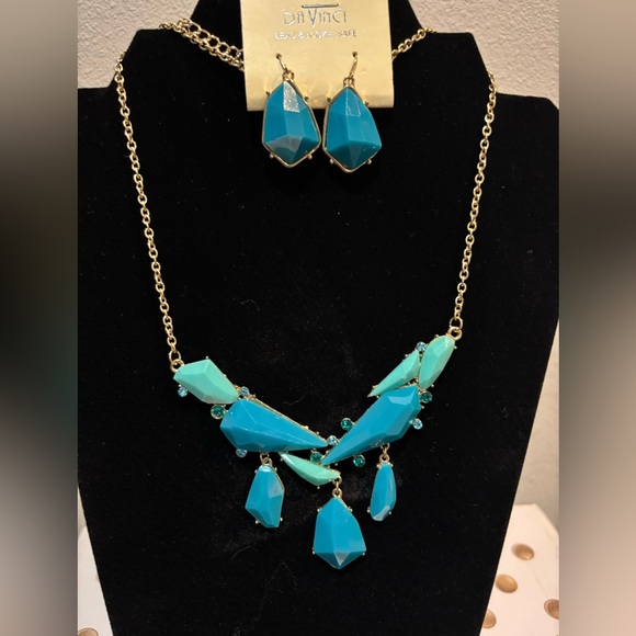Vintage turquoise blue NWT DaVinci gold bib aquamarine necklace earrings Set - Picture 1 of 4